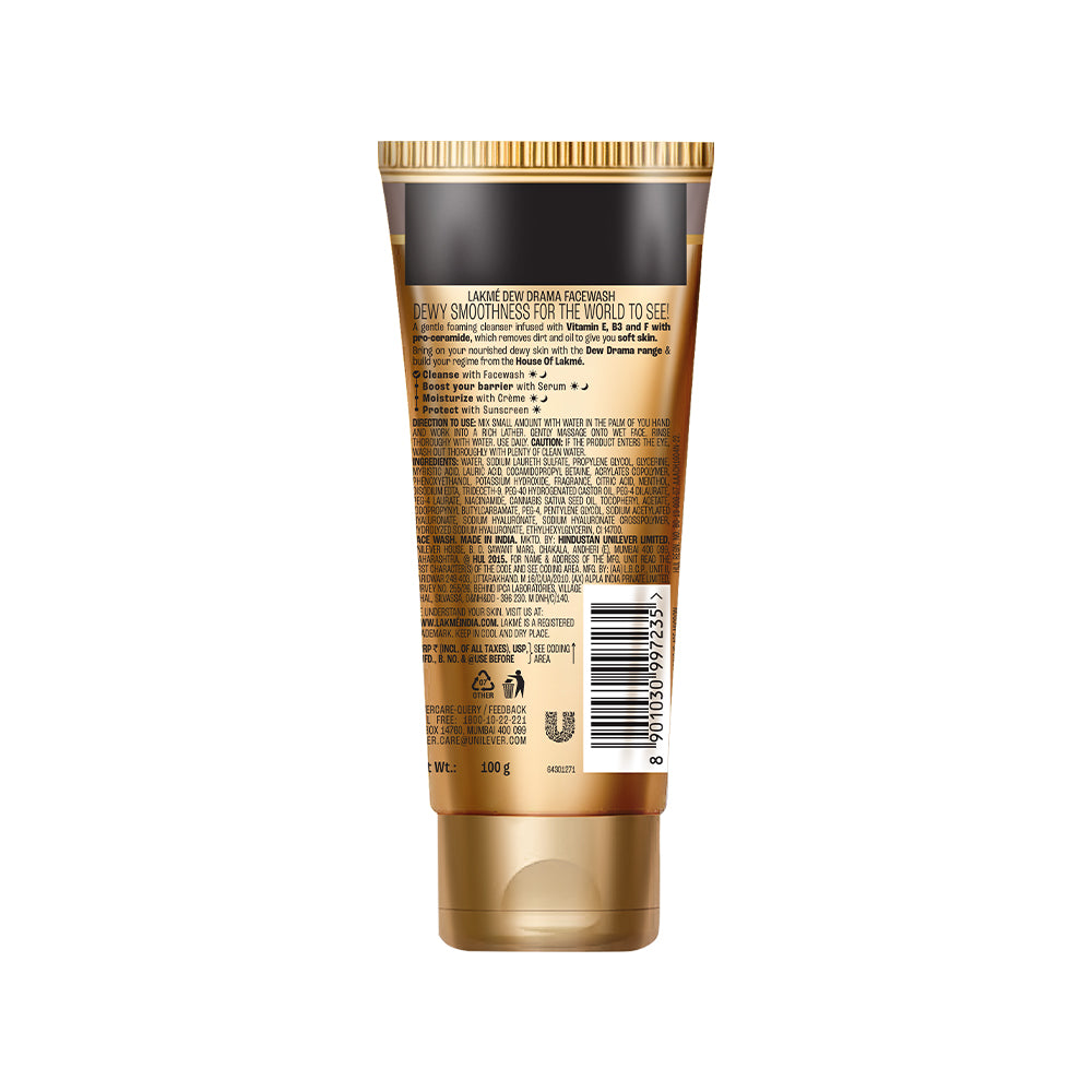 Lakme Dew Drama Facewash with Pro-Ceramides & 6% Vitamin E + B3 + F Complex for Glowing Skin, 100gm