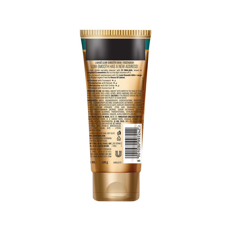 Lakme Lumi-Smooth AHA+ Facewash with 2% Salicylic & Lactic Acid for Glowing Skin, 100gm