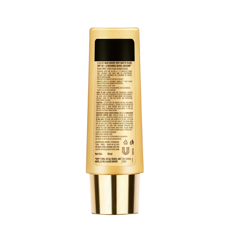 Lakme Sun Expert Dry Matte Fluid SPF 50++++ Sunscreen with 1% niac & ceramide, for oily skin 50ml